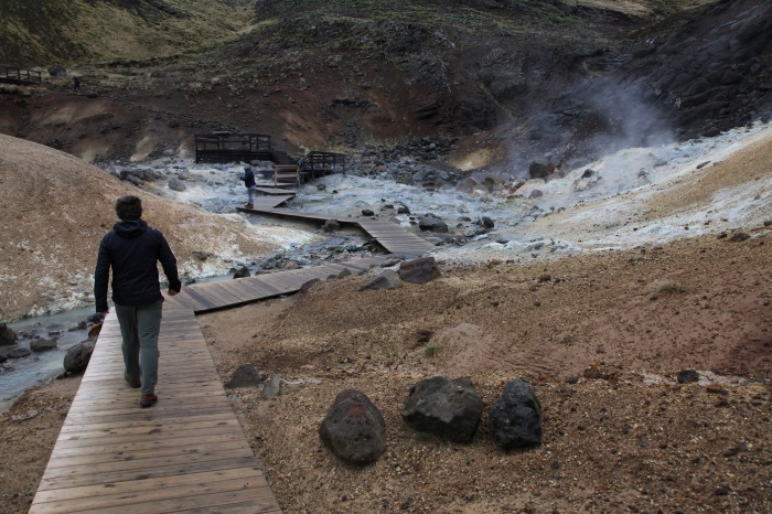 Nick wandering into the rotten smell of Krisuvik volcano.